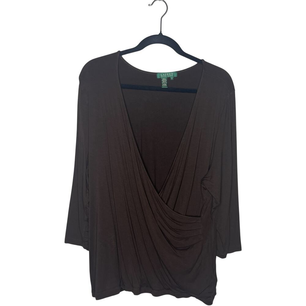 Lauren Ralph Lauren Wrap Top Womens 2X Plus Brown USA Stretch Jersey Ruched